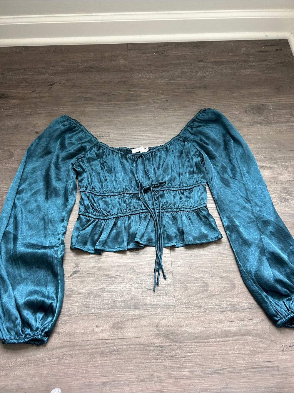 All in Favor Teal Off-Shoulder Satin Peasant Blouse